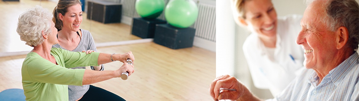 Senior woman assisted by personal trainer in gym while nurse assists senior man