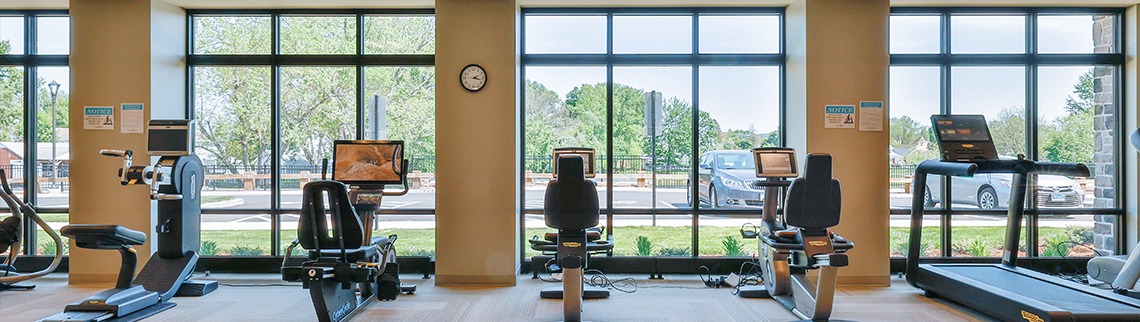 Workout bikes overlooking courtyard